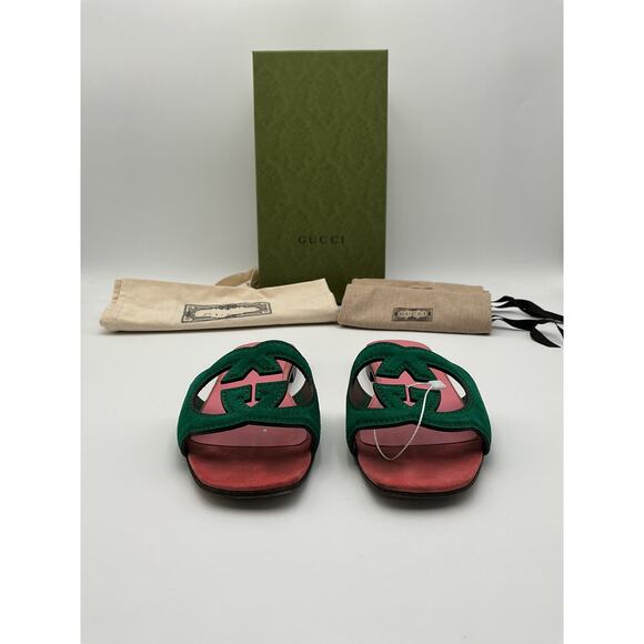 Gucci Green Suede Interlocking G Cutout Sandals Size 7.5 - Picture 3 of 6